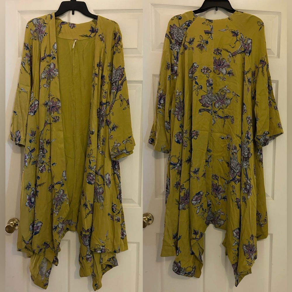 Free People Floral Mustard Yellow Boho Open Front Oversized Kimono - M